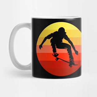Extreme skateboarder flying in front of retro vintage sunset Mug